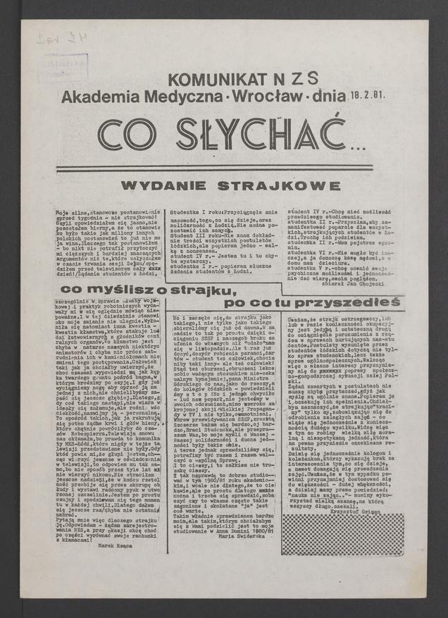 Co&nbsp;słychać&nbsp;: komunikat NZS Akademia Medyczna Wrocław, 1981.02.18