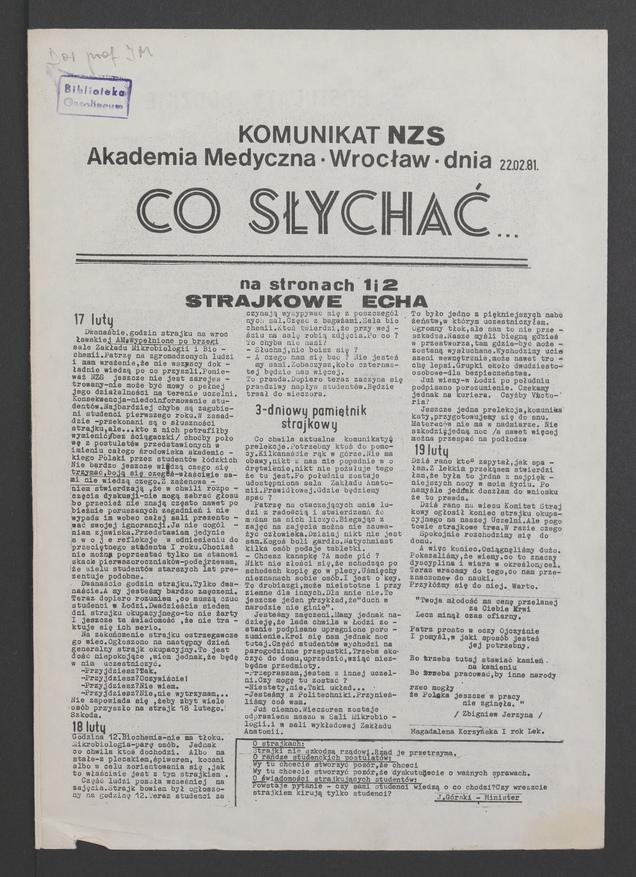 Co&nbsp;słychać&nbsp;: komunikat NZS Akademia Medyczna Wrocław, 1981.02.22