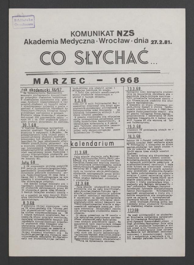 Co&nbsp;słychać&nbsp;: komunikat NZS Akademia Medyczna Wrocław, 1981.02.27