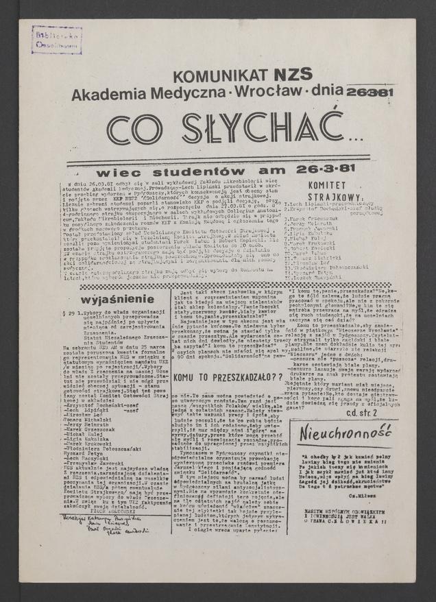 Co&nbsp;słychać&nbsp;: komunikat NZS Akademia Medyczna Wrocław, 1981.03.26