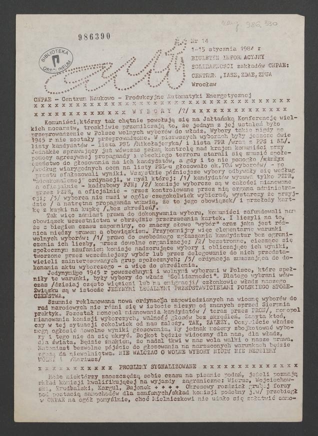 Aut&nbsp;: biuletyn informacyjny Solidarności zakład&oacute;w CNPAE: Centrum, IASE, ZDAE, ZPUA. 1984, numer&nbsp;14