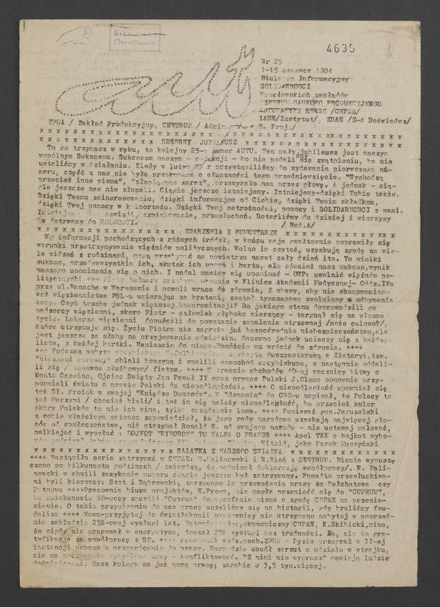 Aut&nbsp;: biuletyn Solidarności wrocławskich zakład&oacute;w Centrum Naukowo-Produkcyjnego Automatyki Energetycznej. 1984, numer&nbsp;25