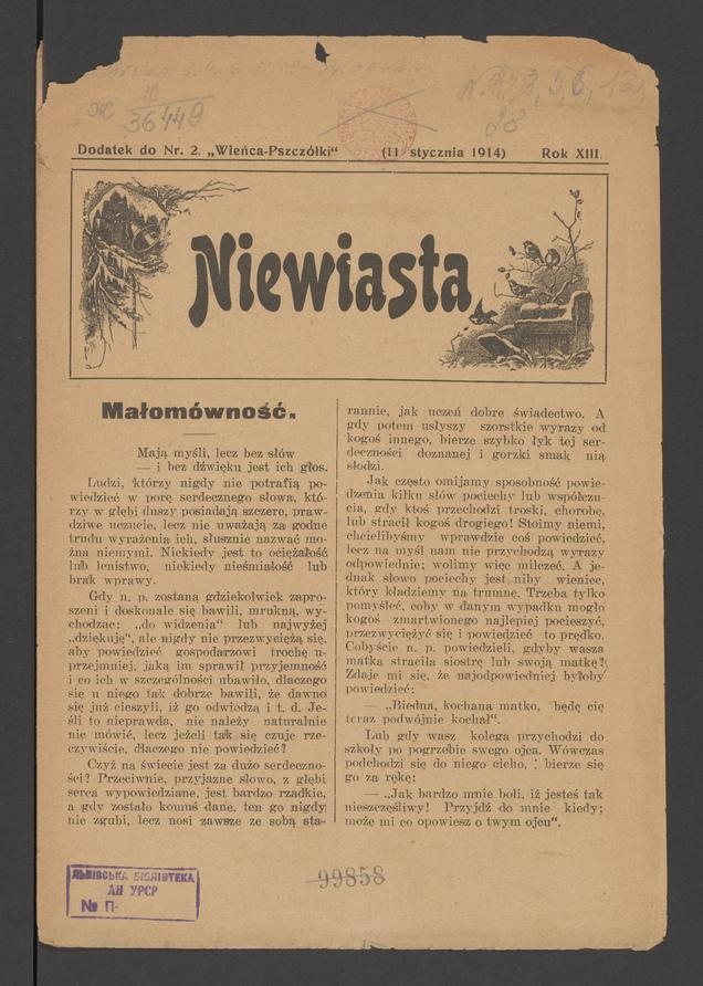 Niewiasta : dodatek do&nbsp;numeru&nbsp;2 &bdquo;Wieńca-Pszcz&oacute;łki&rdquo;. Rok&nbsp;14, 1914, numer&nbsp;11&nbsp;(1)
