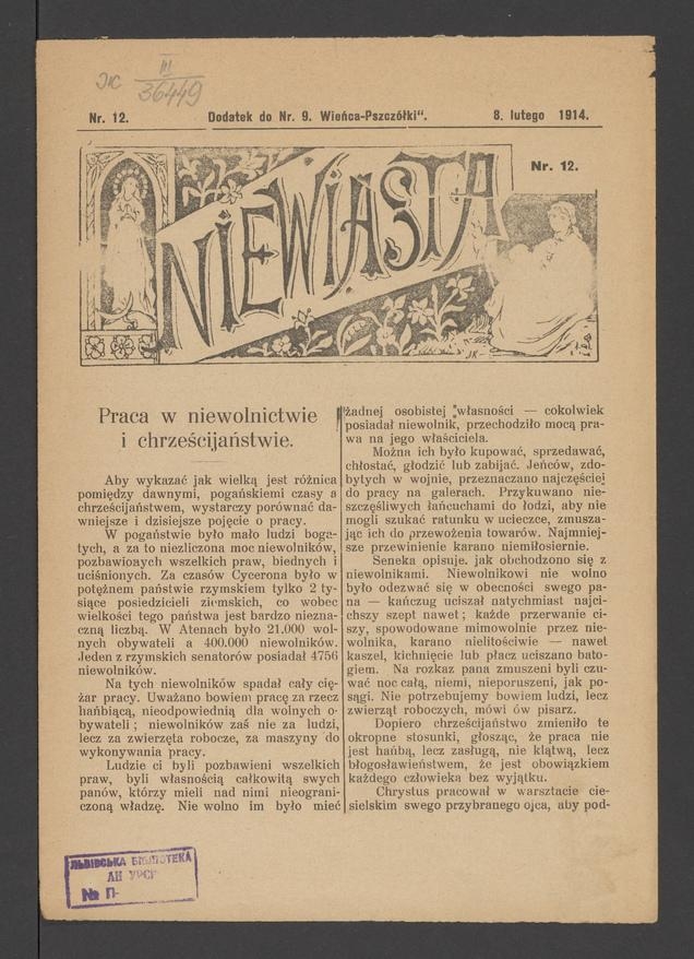 Niewiasta : dodatek do&nbsp;numeru&nbsp;9 &bdquo;Wieńca-Pszcz&oacute;łki&rdquo;. Rok&nbsp;14, 1914, numer&nbsp;12&nbsp;(2)