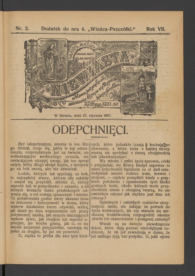 Niewiasta : dodatek do&nbsp;numeru&nbsp;4 &bdquo;Wieńca-Pszcz&oacute;łki&rdquo;. Rok 7, 1907, numer&nbsp;2