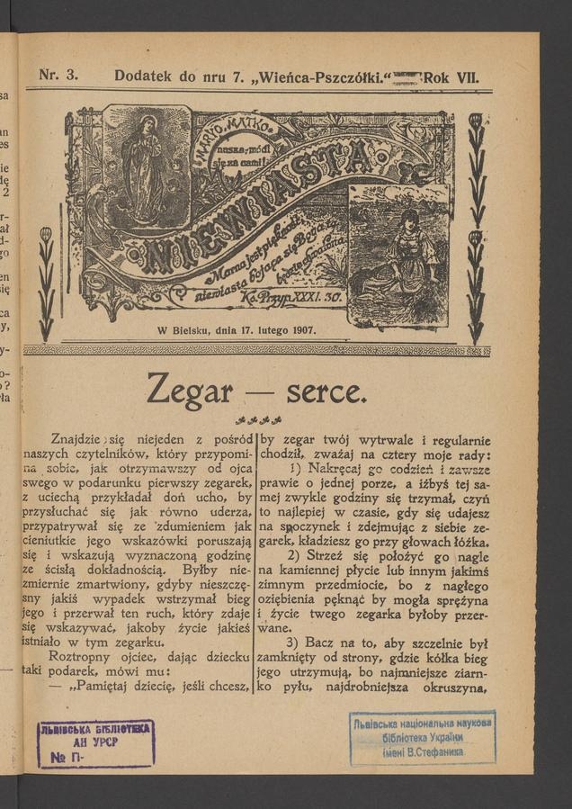 Niewiasta : dodatek do&nbsp;numeru&nbsp;7 &bdquo;Wieńca-Pszcz&oacute;łki&rdquo;. Rok 7, 1907, numer&nbsp;3