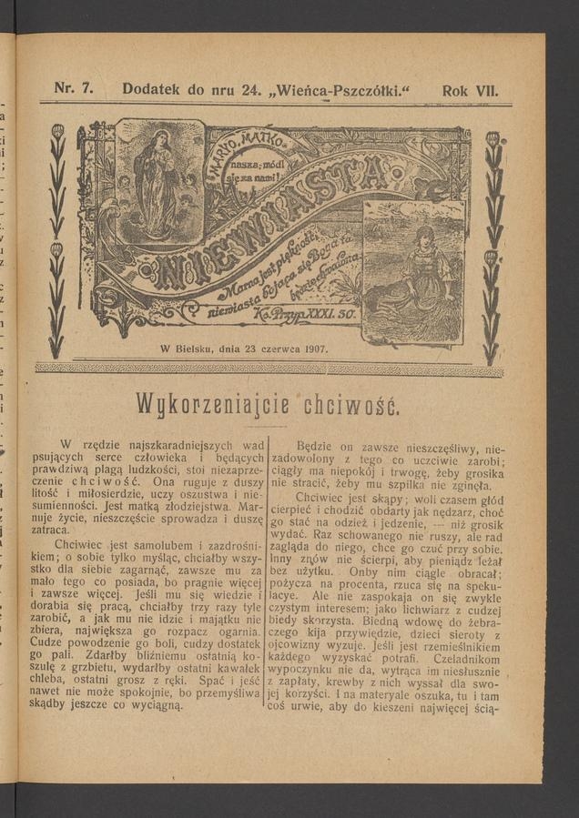 Niewiasta : dodatek do&nbsp;numeru&nbsp;24 &bdquo;Wieńca-Pszcz&oacute;łki&rdquo;. Rok 7, 1907, numer&nbsp;7