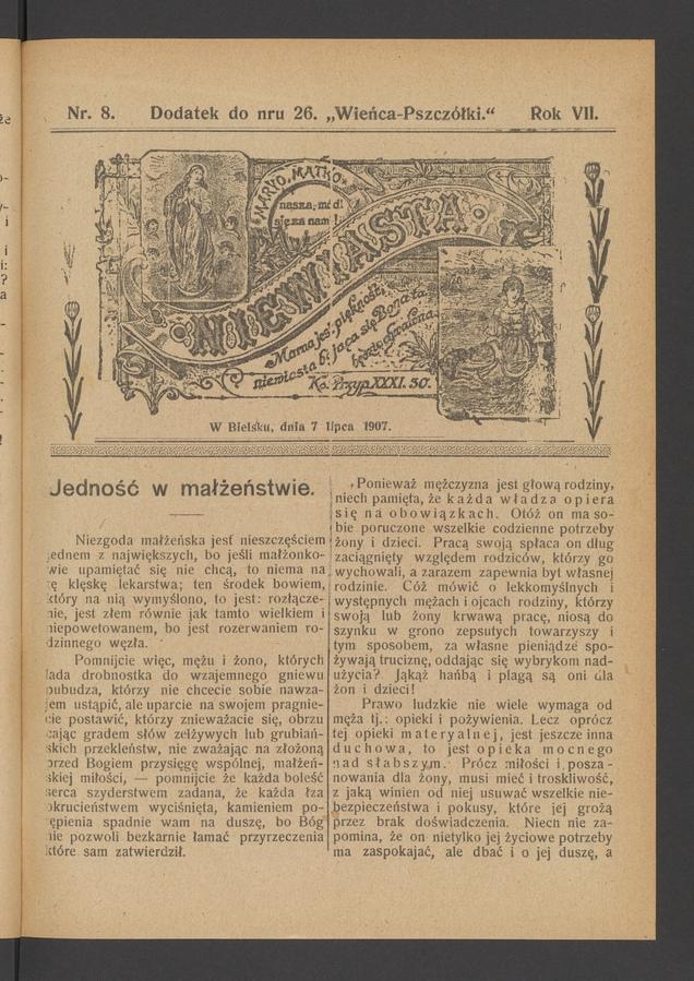 Niewiasta : dodatek do&nbsp;numeru&nbsp;26 &bdquo;Wieńca-Pszcz&oacute;łki&rdquo;. Rok 7, 1907, numer&nbsp;8