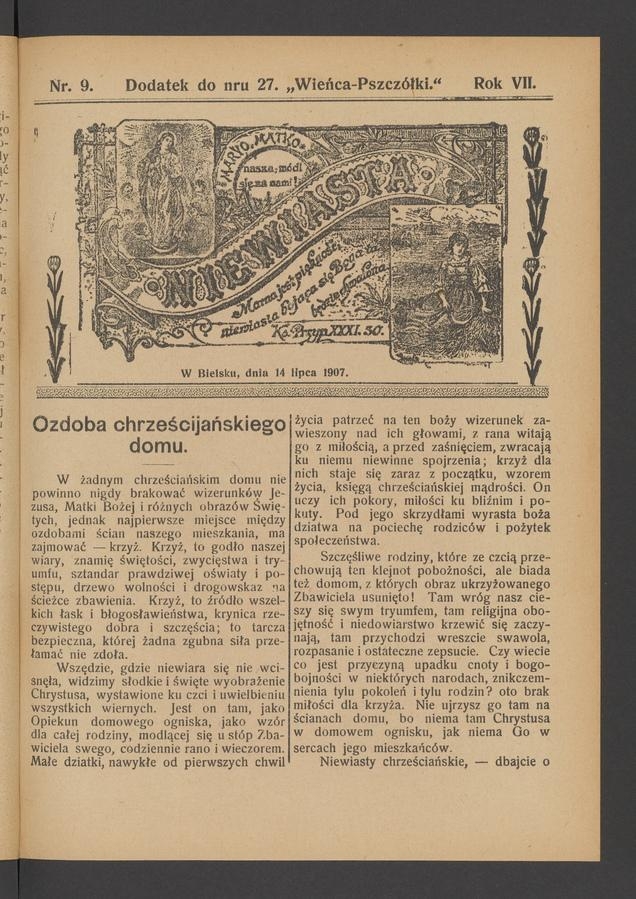 Niewiasta : dodatek do&nbsp;numeru&nbsp;27 &bdquo;Wieńca-Pszcz&oacute;łki&rdquo;. Rok 7, 1907, numer&nbsp;9
