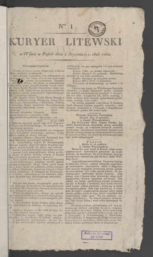 Kuryer Litewski. 1825, numer&nbsp;1