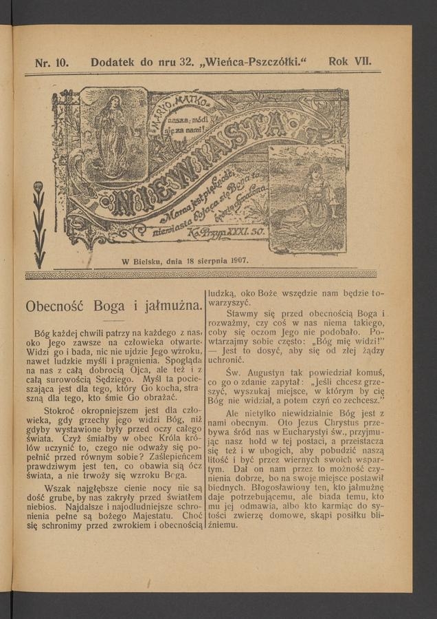 Niewiasta : dodatek do&nbsp;numeru&nbsp;32 &bdquo;Wieńca-Pszcz&oacute;łki&rdquo;. Rok 7, 1907, numer&nbsp;10