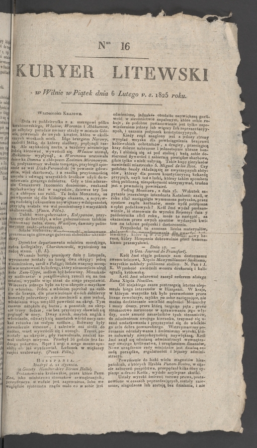 Kuryer Litewski. 1825, numer&nbsp;16