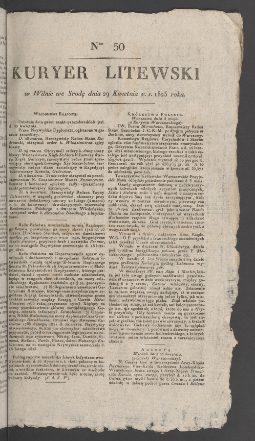 Kuryer Litewski. 1825, numer&nbsp;50