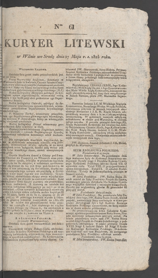 Kuryer Litewski. 1825, numer&nbsp;61