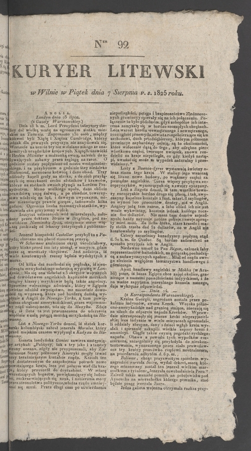 Kuryer Litewski. 1825, numer&nbsp;92