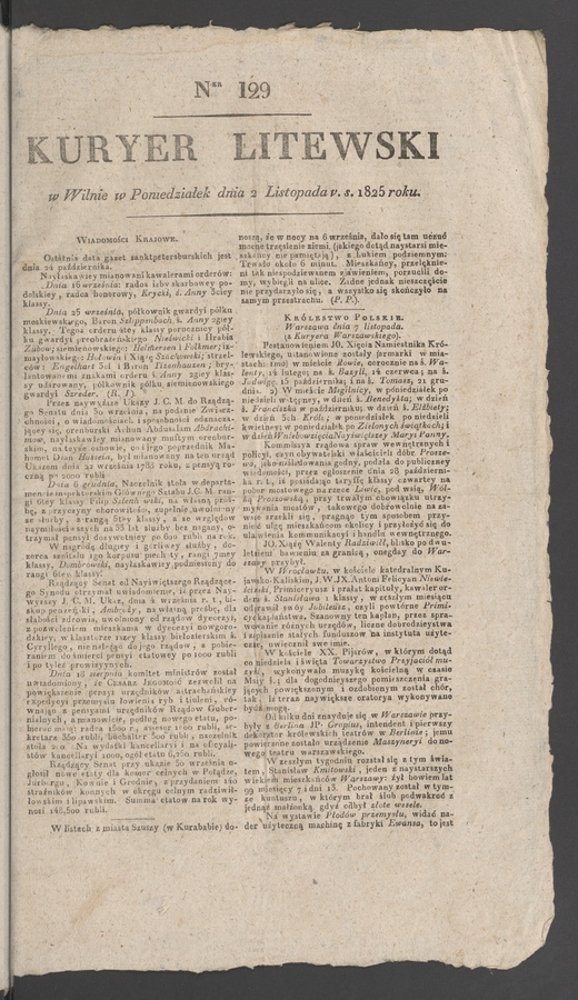 Kuryer Litewski. 1825, numer&nbsp;129