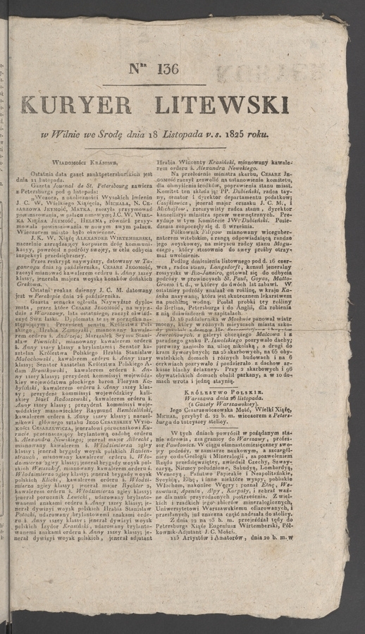 Kuryer Litewski. 1825, numer&nbsp;136