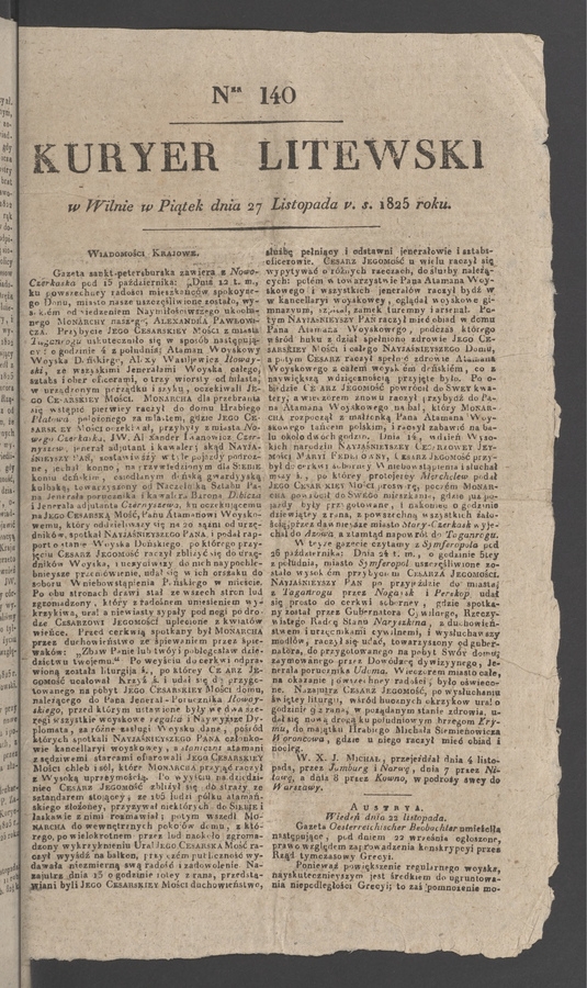 Kuryer Litewski. 1825, numer&nbsp;140