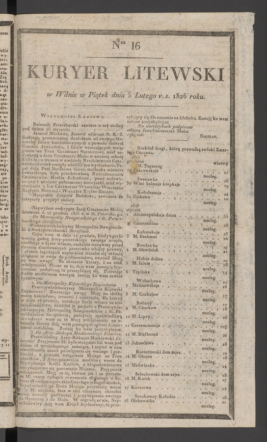 Kuryer Litewski. 1826, numer&nbsp;16