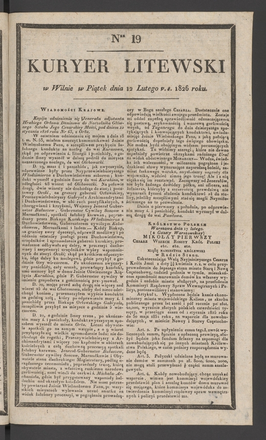 Kuryer Litewski. 1826, numer&nbsp;19