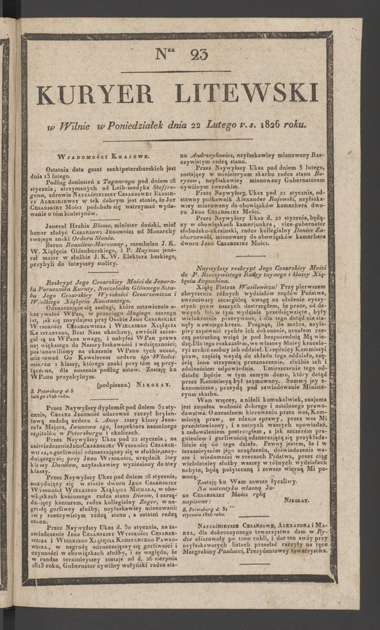 Kuryer Litewski. 1826, numer&nbsp;23