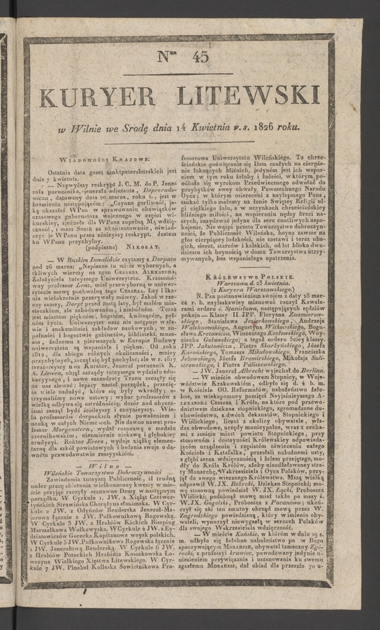 Kuryer Litewski. 1826, numer&nbsp;45
