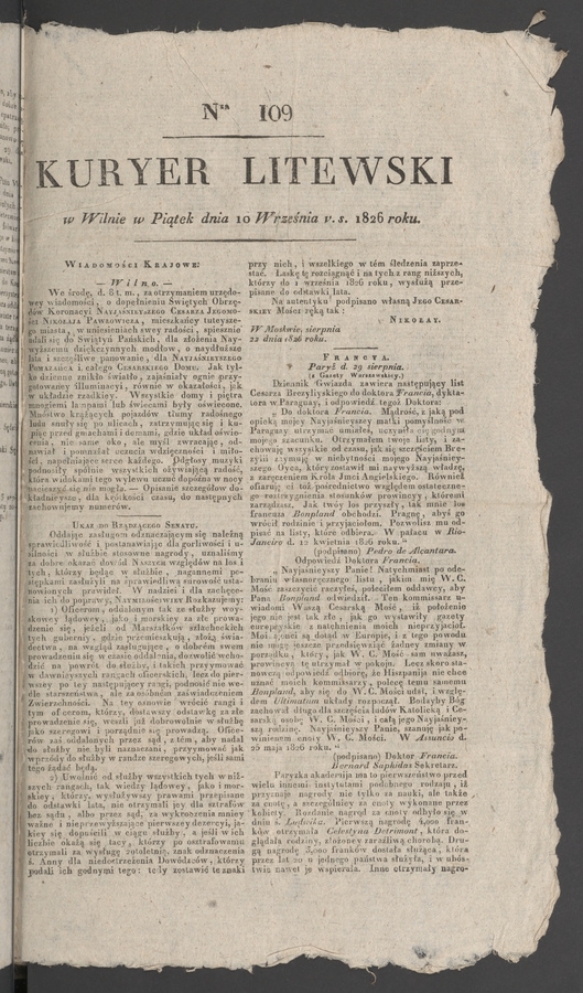 Kuryer Litewski. 1826, numer&nbsp;109