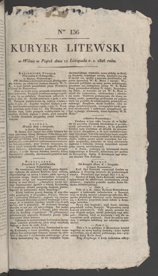 Kuryer Litewski. 1826, numer&nbsp;136