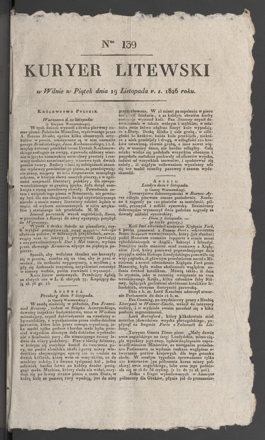 Kuryer Litewski. 1826, numer&nbsp;139