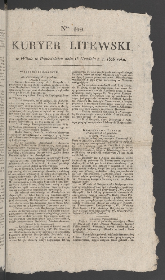 Kuryer Litewski. 1826, numer&nbsp;149