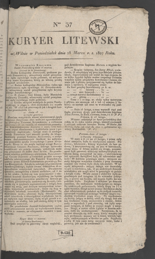 Kuryer Litewski. 1827, numer&nbsp;37