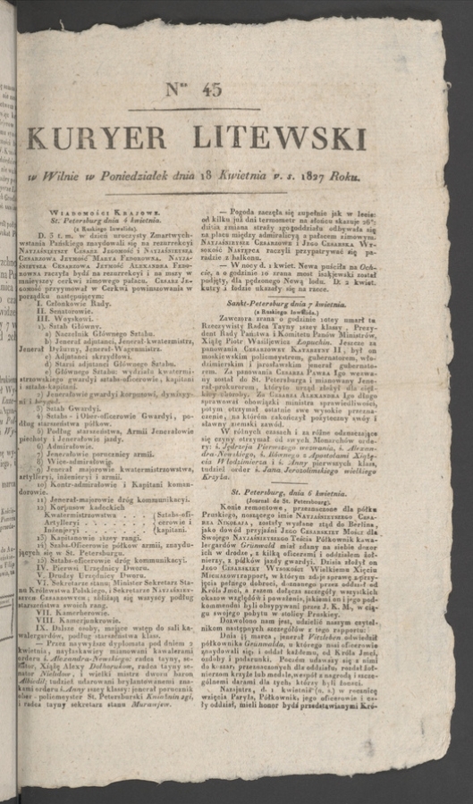 Kuryer Litewski. 1827, numer&nbsp;45