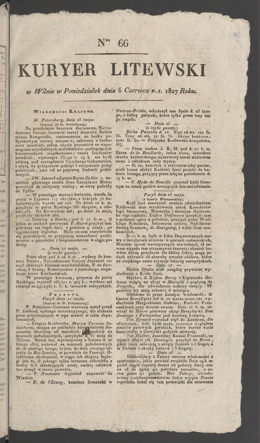 Kuryer Litewski. 1827, numer&nbsp;66