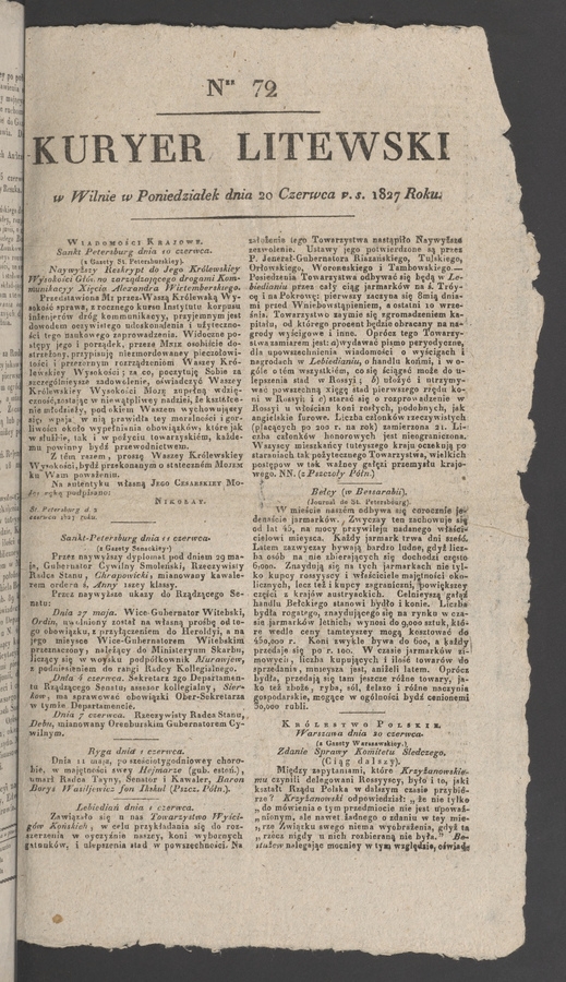 Kuryer Litewski. 1827, numer&nbsp;72