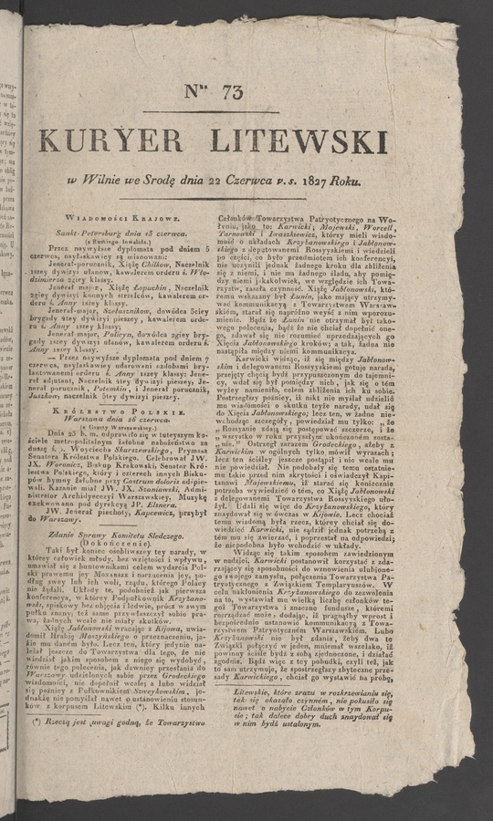 Kuryer Litewski. 1827, numer&nbsp;73