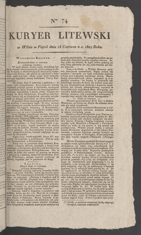 Kuryer Litewski. 1827, numer&nbsp;74