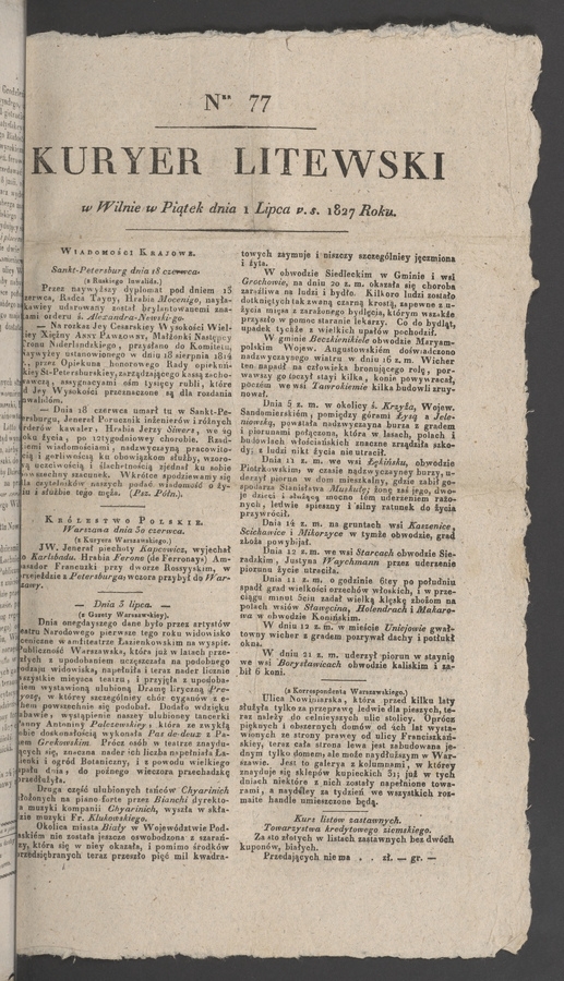 Kuryer Litewski. 1827, numer&nbsp;77