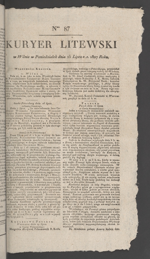 Kuryer Litewski. 1827, numer&nbsp;87