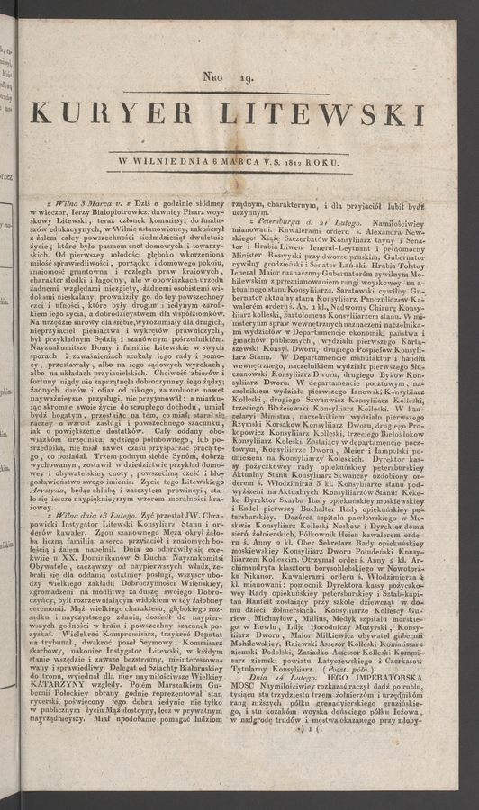 Kuryer Litewski. 1812, numero 19