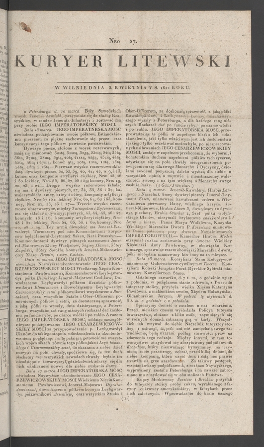 Kuryer Litewski. 1812, numero 27