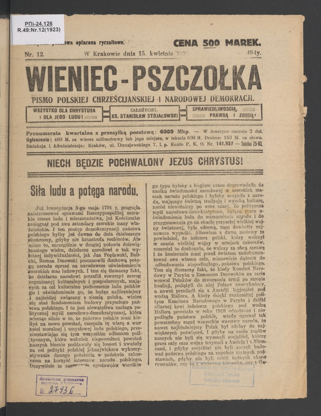 Wieniec-Pszcz&oacute;łka&nbsp;: pismo polskiej chrześcijańskiej i&nbsp;narodowej demokracji. Rok&nbsp;49, 1923, numer&nbsp;12