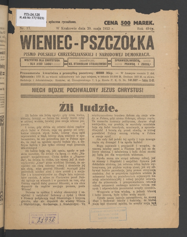 Wieniec-Pszcz&oacute;łka&nbsp;: pismo polskiej chrześcijańskiej i&nbsp;narodowej demokracji. Rok&nbsp;49, 1923, numer&nbsp;17