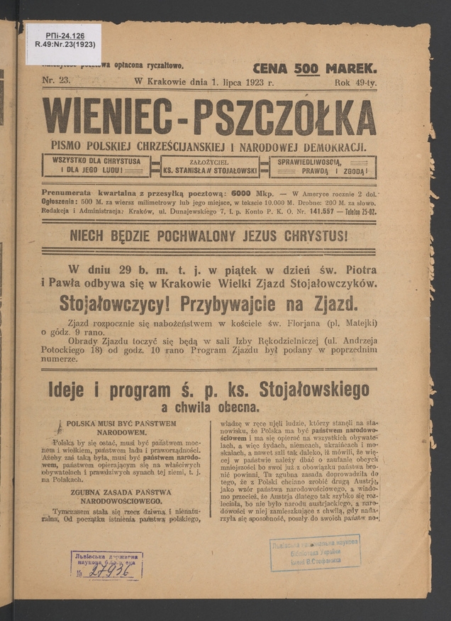 Wieniec-Pszcz&oacute;łka&nbsp;: pismo polskiej chrześcijańskiej i&nbsp;narodowej demokracji. Rok&nbsp;49, 1923, numer&nbsp;23