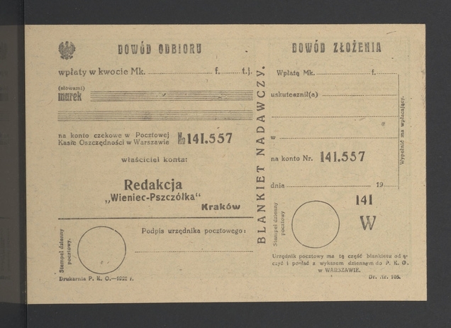 Blankiet nadawczy. Redakcja &bdquo;Wieniec-Pszcz&oacute;łka&rdquo; Krak&oacute;w