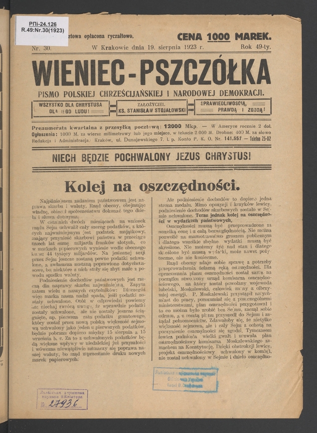 Wieniec-Pszcz&oacute;łka&nbsp;: pismo polskiej chrześcijańskiej i&nbsp;narodowej demokracji. Rok&nbsp;49, 1923, numer&nbsp;30