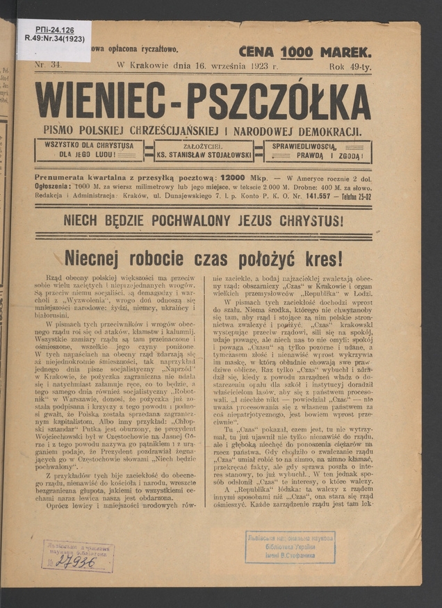 Wieniec-Pszcz&oacute;łka&nbsp;: pismo polskiej chrześcijańskiej i&nbsp;narodowej demokracji. Rok&nbsp;49, 1923, numer&nbsp;34