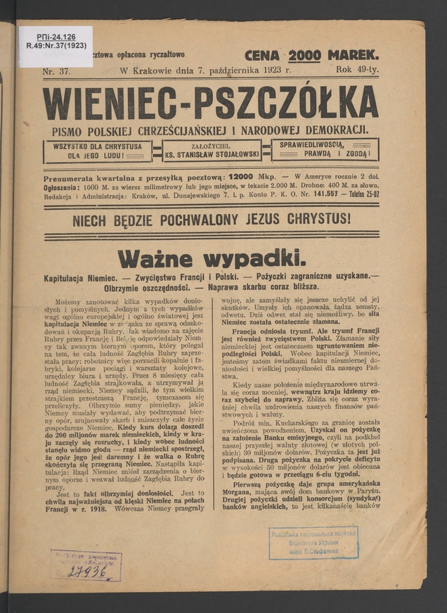 Wieniec-Pszcz&oacute;łka&nbsp;: pismo polskiej chrześcijańskiej i&nbsp;narodowej demokracji. Rok&nbsp;49, 1923, numer&nbsp;37