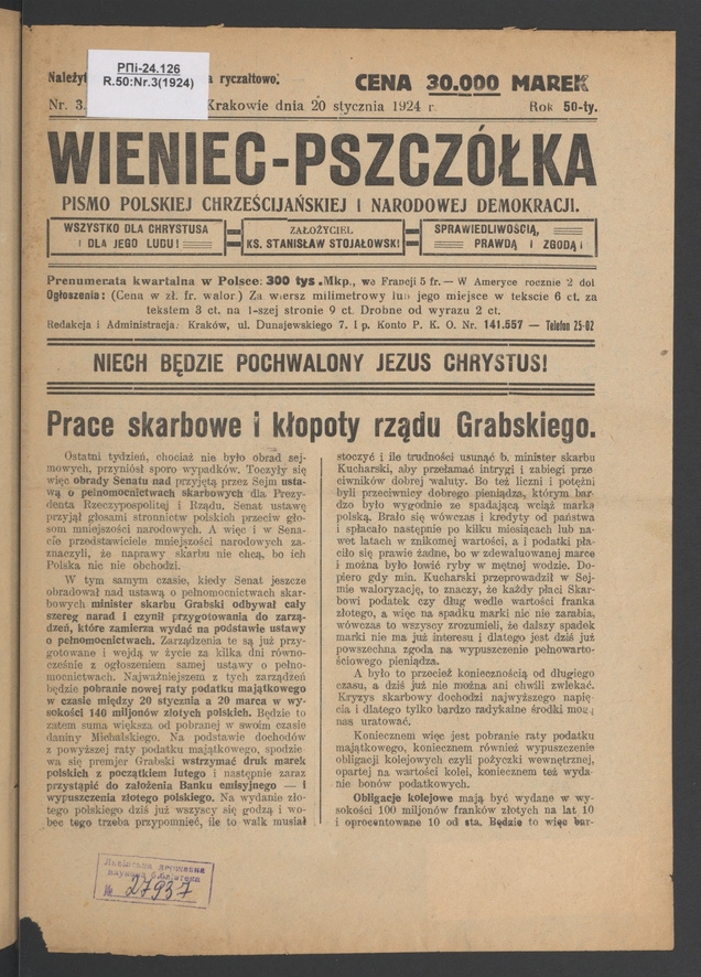 Wieniec-Pszcz&oacute;łka&nbsp;: pismo polskiej chrześcijańskiej i&nbsp;narodowej demokracji. Rok&nbsp;50, 1924, numer&nbsp;3