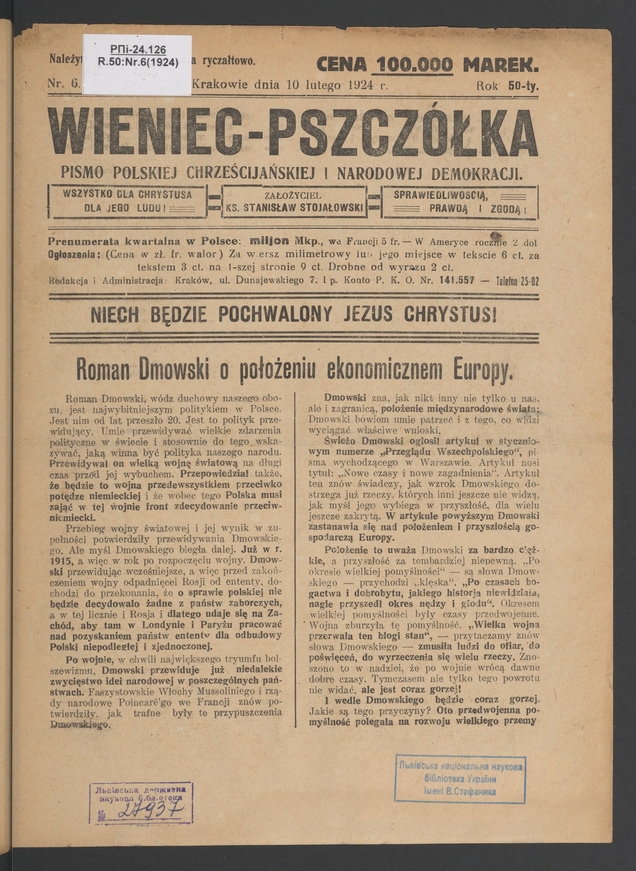 Wieniec-Pszcz&oacute;łka&nbsp;: pismo polskiej chrześcijańskiej i&nbsp;narodowej demokracji. Rok&nbsp;50, 1924, numer&nbsp;6