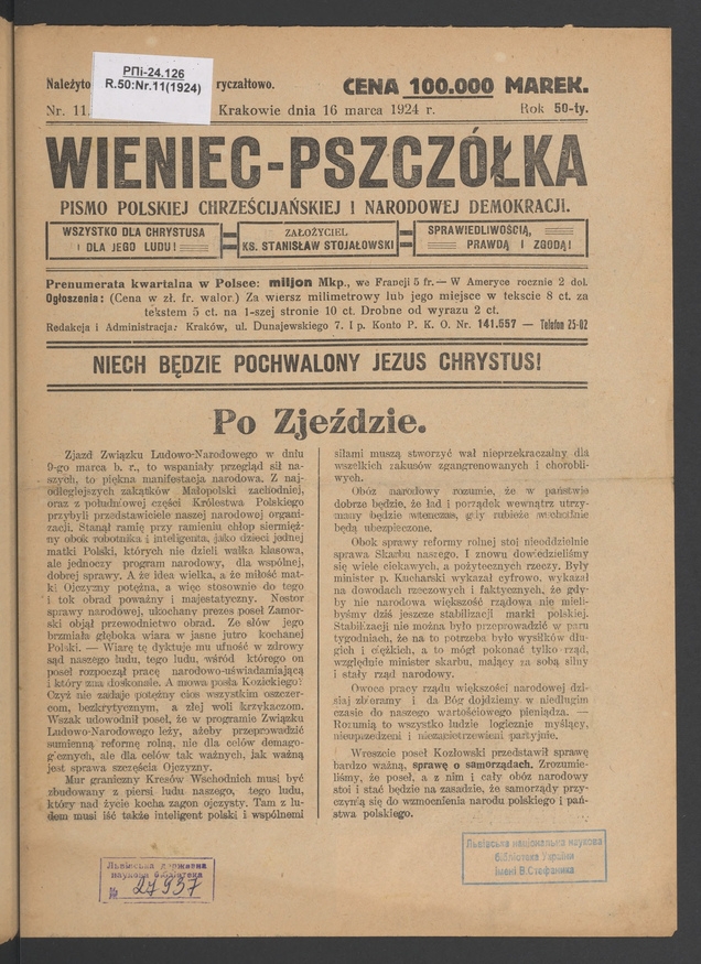Wieniec-Pszcz&oacute;łka&nbsp;: pismo polskiej chrześcijańskiej i&nbsp;narodowej demokracji. Rok&nbsp;50, 1924, numer&nbsp;11